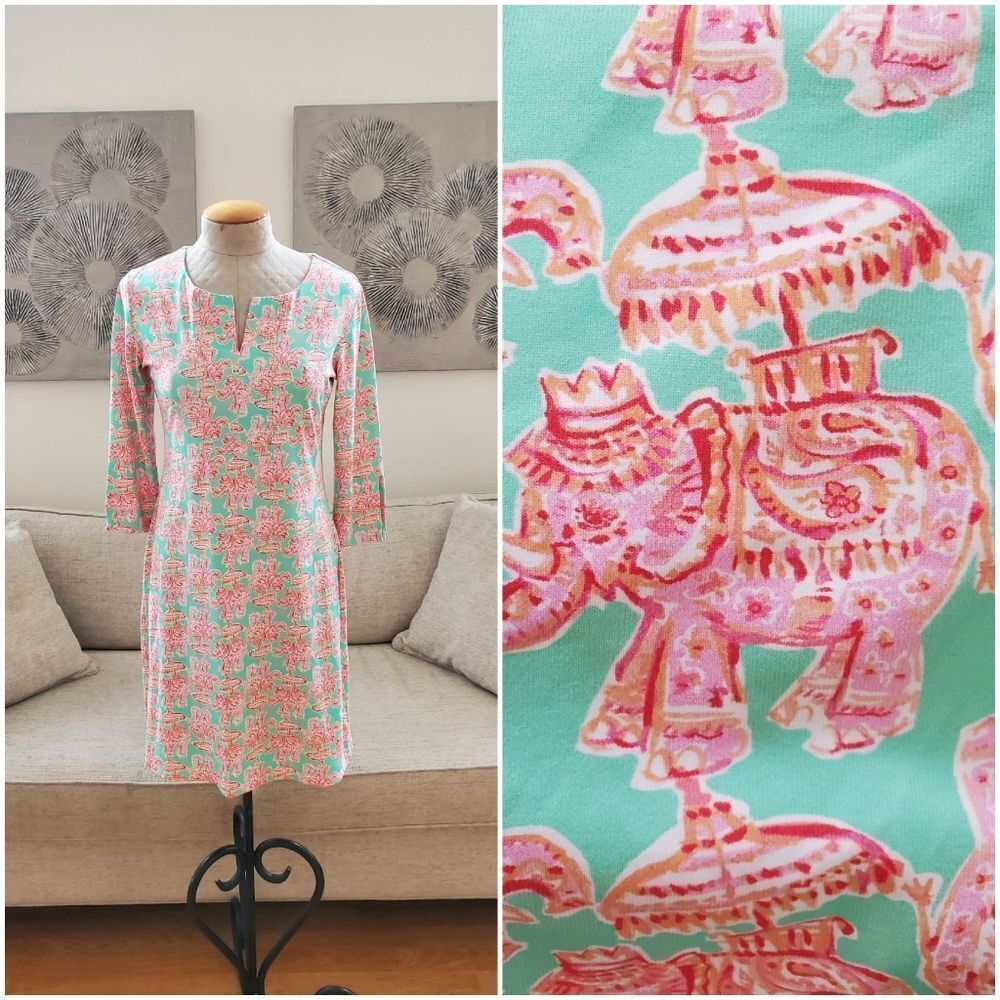 Barbara Erickson 3/4 Sleeve Elephant Print Midi Dress Sz Sm